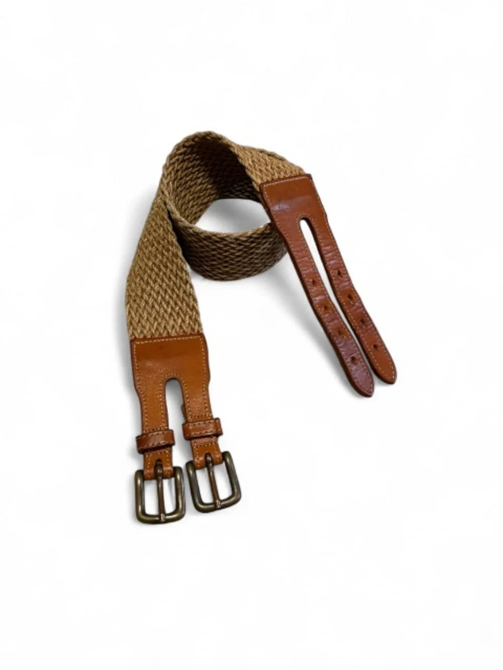 Vintage Banana Republic Woven Cotton and Leather Belt w/Double Brass Buckles